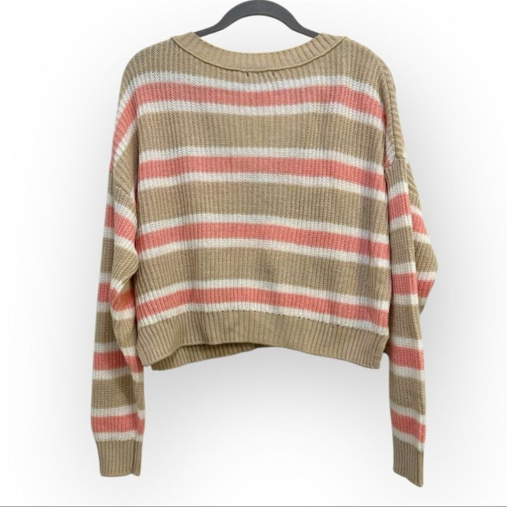Wild Fable Tan and Pink Striped V-Neck Sweater - Size Large - Picture 2 of 5